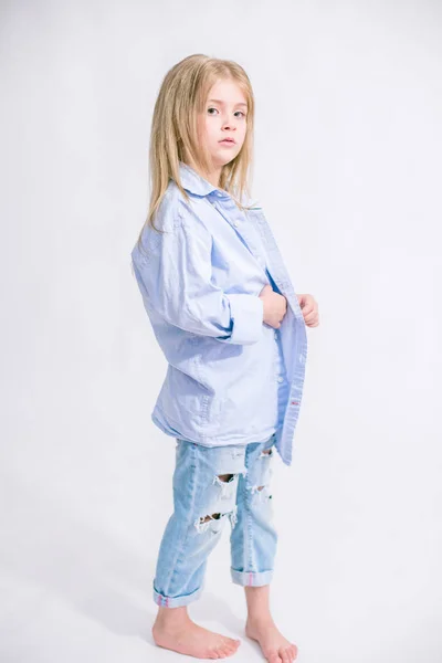 Beautiful Fashionable Little Girl Blond Hair Jeans Clothes White Background — Stock Photo, Image