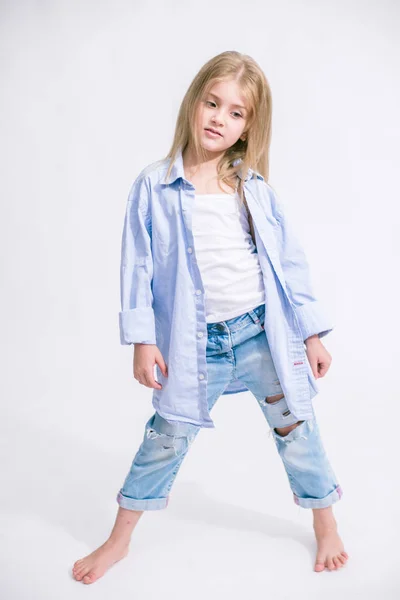 Beautiful Fashionable Little Girl Blond Hair Jeans Clothes White Background — Stock Photo, Image