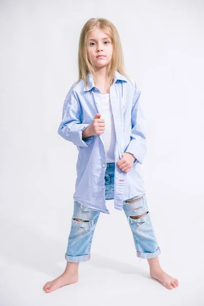 Beautiful Fashionable Little Girl Blond Hair Jeans Clothes White Background — Stock Photo, Image