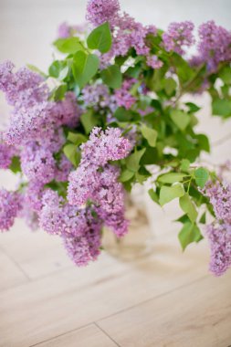 hafif bir arka plan üzerinde beyaz leylak ile cam vazo