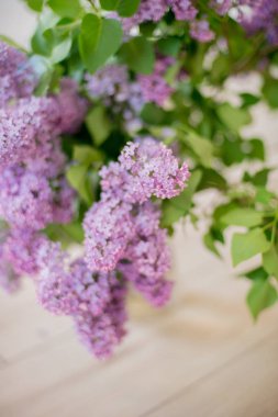 hafif bir arka plan üzerinde beyaz leylak ile cam vazo