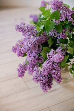 hafif bir arka plan üzerinde beyaz leylak ile cam vazo