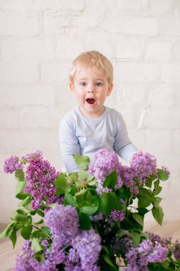 Hafif bir arka plan üzerinde bir hasır sepette leylak çiçekleri ile küçük bunnies ile sarı saçlı küçük sevimli çocuk