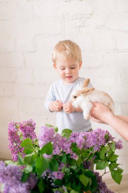 Hafif bir arka plan üzerinde bir hasır sepette leylak çiçekleri ile küçük bunnies ile sarı saçlı küçük sevimli çocuk