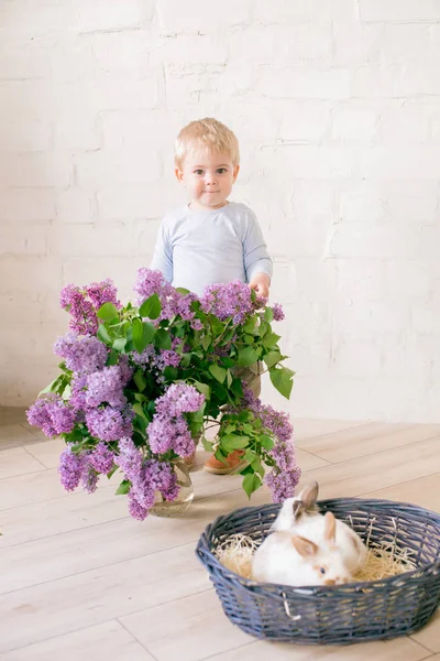 Hafif bir arka plan üzerinde bir hasır sepette leylak çiçekleri ile küçük bunnies ile sarı saçlı küçük sevimli çocuk
