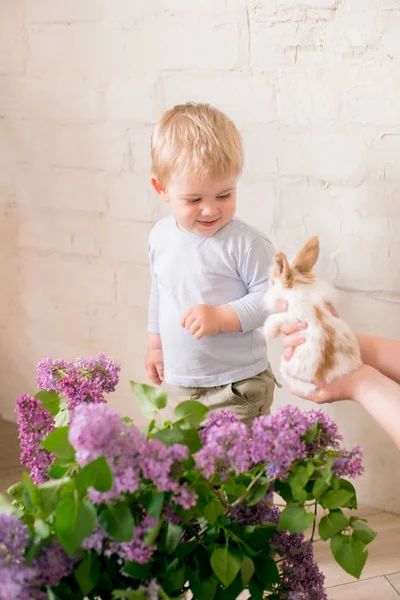 Hafif bir arka plan üzerinde bir hasır sepette leylak çiçekleri ile küçük bunnies ile sarı saçlı küçük sevimli çocuk