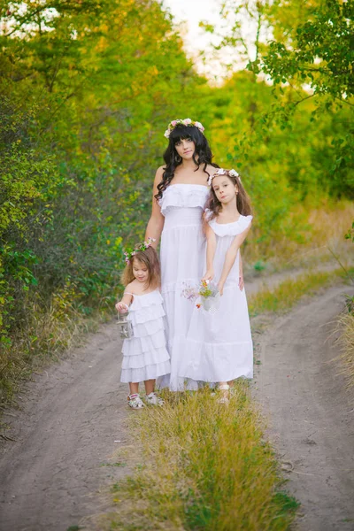 川のそばの夕暮れ時の夏の野原で楽しんでいる白いドレスを着た娘を持つ若い母親 — ストック写真