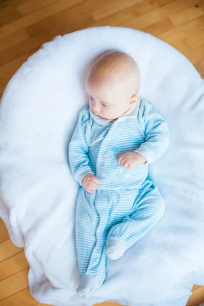 Adorable Baby Boy White Sunny Bedroom Newborn Child Relaxing Bed — Stock Photo, Image