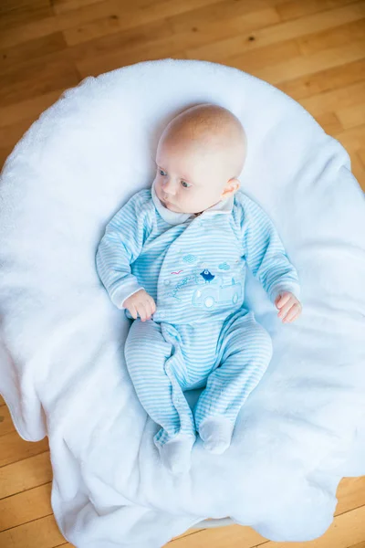 Adorable Baby Boy White Sunny Bedroom Newborn Child Relaxing Bed — Stock Photo, Image