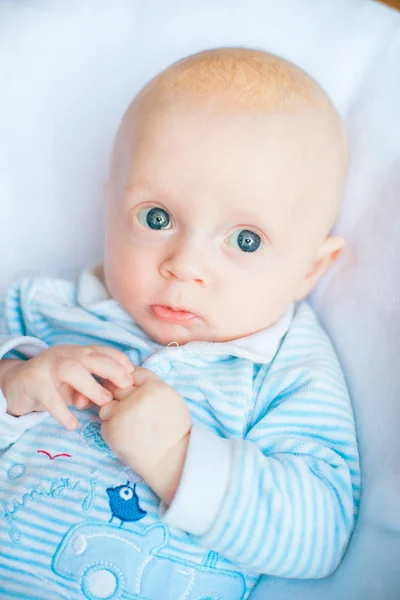 Adorable Baby Boy White Sunny Bedroom Newborn Child Relaxing Bed — Stock Photo, Image