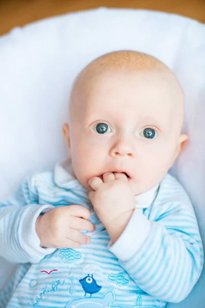 Adorable Baby Boy White Sunny Bedroom Newborn Child Relaxing Bed — Stock Photo, Image