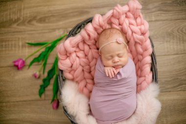 Güzel bahar Pembe lale ile süslenmiş bir hasır sepeti pembe battaniyede mükemmel yenidoğan bebek kız