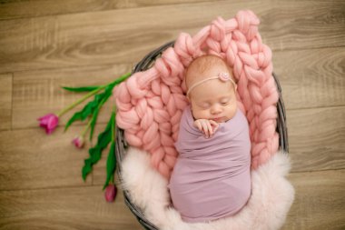 Güzel bahar Pembe lale ile süslenmiş bir hasır sepeti pembe battaniyede mükemmel yenidoğan bebek kız