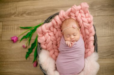 Güzel bahar Pembe lale ile süslenmiş bir hasır sepeti pembe battaniyede mükemmel yenidoğan bebek kız