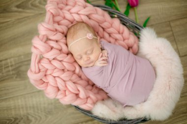 Güzel bahar Pembe lale ile süslenmiş bir hasır sepeti pembe battaniyede mükemmel yenidoğan bebek kız