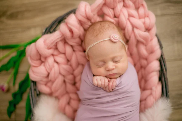 Perfekte Neugeborene Mädchen Rosa Decke Einem Weidenkorb Mit Schönen Frühling — Stockfoto