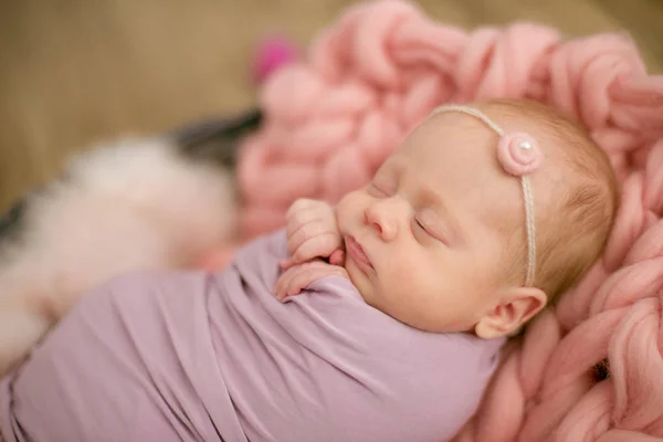 Niña Perfecta Recién Nacida Manta Rosa Una Canasta Mimbre Decorada — Foto de Stock