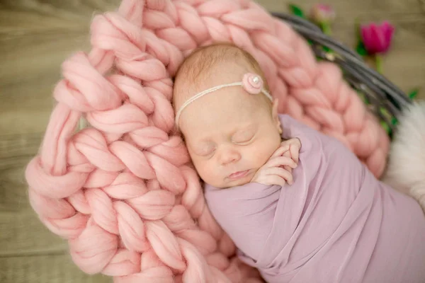 Perfekte Neugeborene Mädchen Rosa Decke Einem Weidenkorb Mit Schönen Frühling — Stockfoto