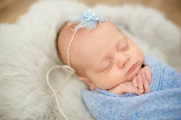 Perfekte Neugeborene Mädchen Blauer Decke Einem Weidenkorb Mit Zweigen Von — Stockfoto