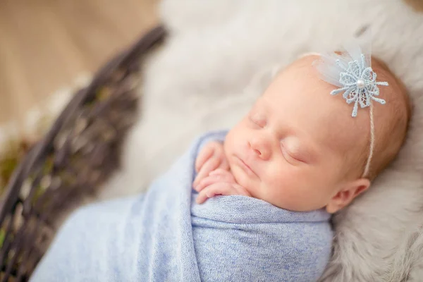 Menina Recém Nascido Perfeito Cobertor Azul Uma Cesta Vime Decorado — Fotografia de Stock