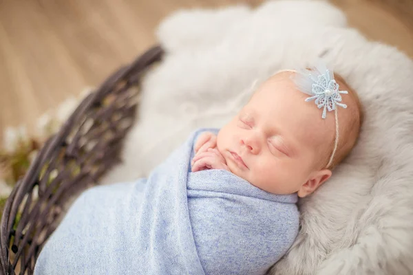 Menina Recém Nascido Perfeito Cobertor Azul Uma Cesta Vime Decorado — Fotografia de Stock