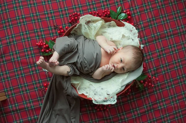 Χαριτωμένο Μικρό Μωρό Αγόρι Ένα Καλάθι Χριστουγεννιάτικο Διακοσμημένα Πευκοβελόνας Και — Φωτογραφία Αρχείου