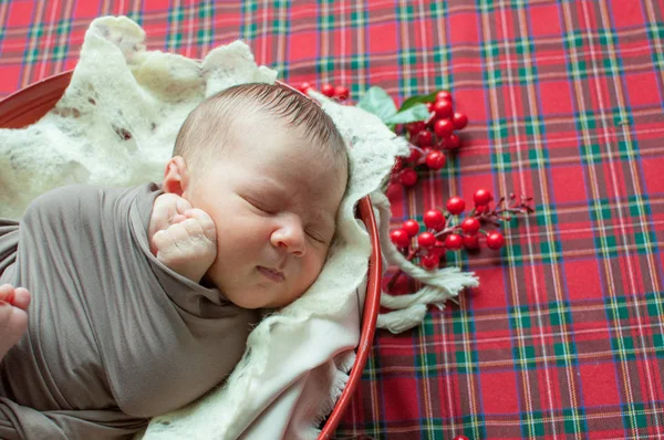 Schattige Kleine Babyjongen Een Mand Kerst Versierd Met Dennennaalden Rode — Stockfoto