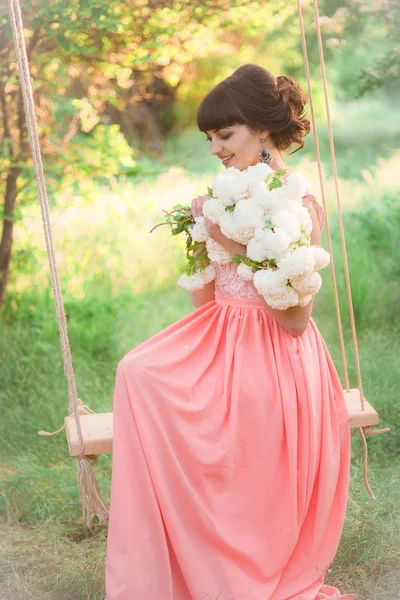 Attractive Young Girl Long Dress White Flowers Her Hands Swing — Stock Photo, Image