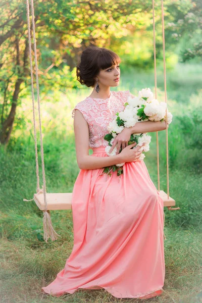 Attractive Young Girl Long Dress White Flowers Her Hands Swing — Stock Photo, Image