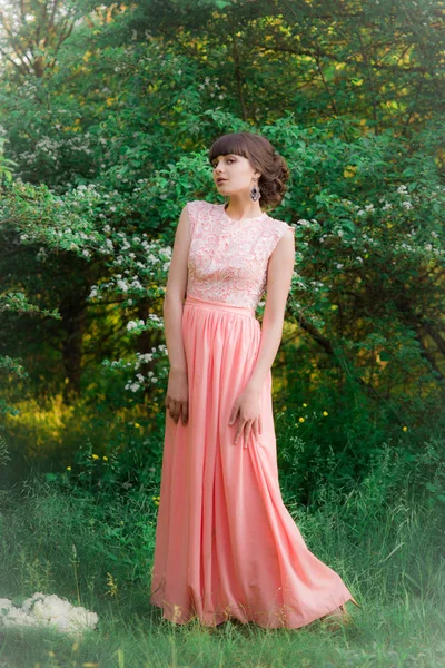 Молодая Привлекательная Девушка Длинном Платье Летнем Парке Закате — стоковое фото