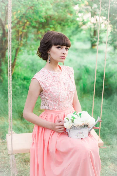 Young Attractive Girl Long Dress White Flowers Her Hands Swing — Stock Photo, Image