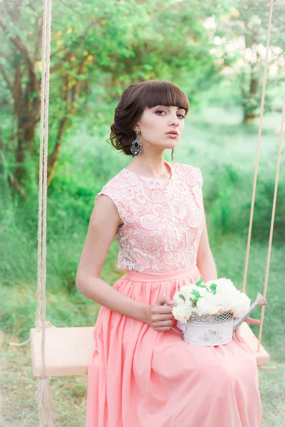 Young Attractive Girl Long Dress White Flowers Her Hands Swing — Stock Photo, Image