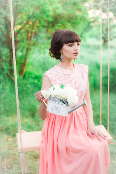 Young Attractive Girl Long Dress White Flowers Her Hands Swing — Stock Photo, Image