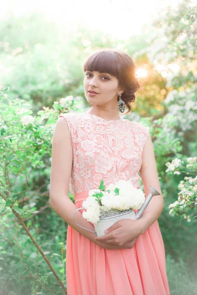 Attractive Young Girl Long Dress White Flowers Her Hands Summer — Stock Photo, Image