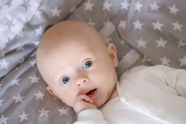 Adorable Baby Boy White Sunny Bedroom Winter Morning Newborn Child — Stock Photo, Image