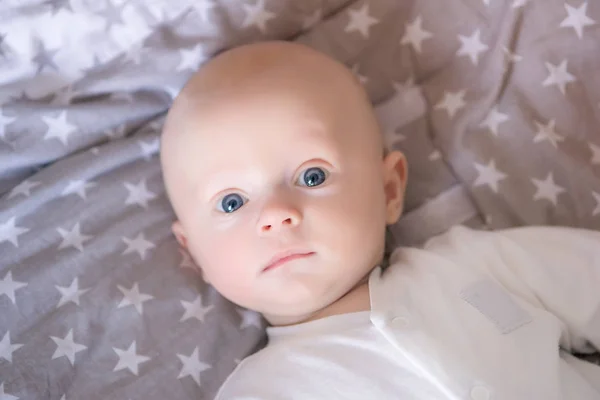Adorable Baby Boy White Sunny Bedroom Winter Morning Newborn Child — Stock Photo, Image