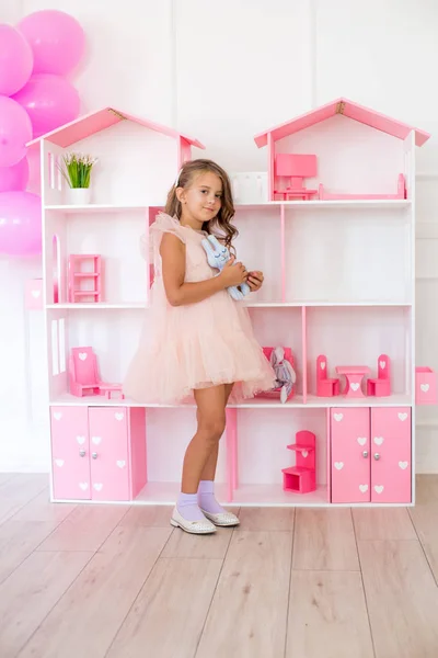 Cute Happy Girl Beautiful Dress Home Plays Dollhouse Toys — Stock Photo, Image