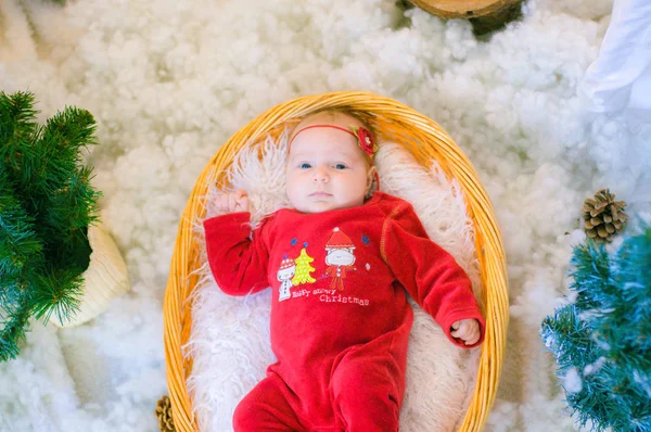 Mignon Bébé Nouveau Dans Costume Noël Dans Panier Bois Dans — Photo
