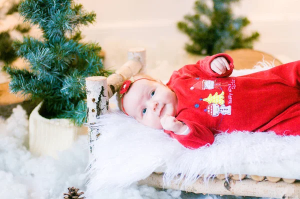 Cute Newborn Baby Christmas Costume Wooden Bed Christmas Decorations — Stock Photo, Image