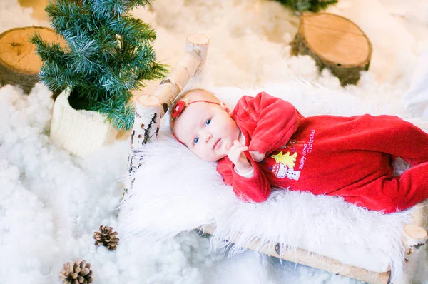 Cute Newborn Baby Christmas Costume Wooden Bed Christmas Decorations — Stock Photo, Image
