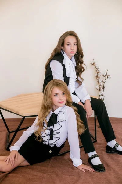 两个可爱的女学生 长卷发在时髦的学校服装 复古精英风格的学校时尚 — 图库照片