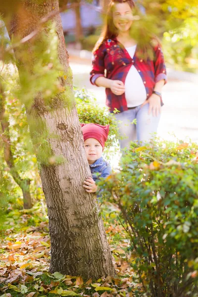 Una Joven Madre Embarazada Juega Con Hija Pequeña Parque Otoño — Foto de Stock