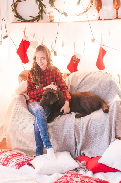 クリスマスのために飾られた部屋で自宅で犬のラブラドールと赤いチェッカーシャツのかわいい女の子 幸せなクリスマスの気分 — ストック写真