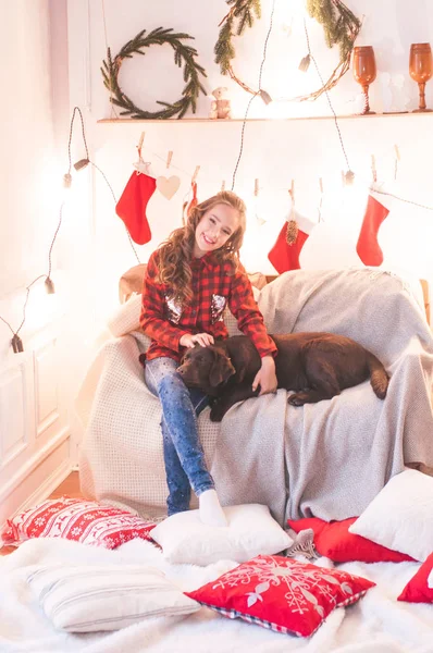 Cute girl in a red checkered shirt  with dog labrador at home in the room decorated for Christmas. Happy christmas mood