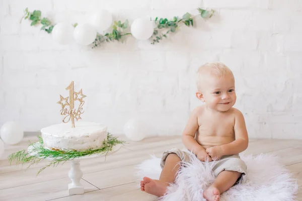 可爱的小男孩在他的第一个生日与节日蛋糕和装饰与白色的气球和枝花的紫杉 生锈的第一个生日派对 — 图库照片