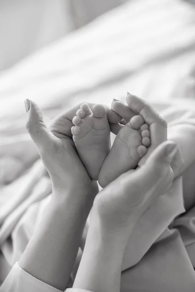 Mom Hands Holding Little Cute Legs Newborn Baby Home White — Stock Photo, Image