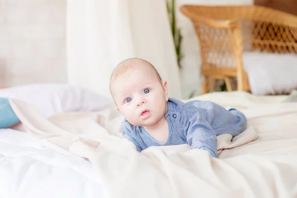 Little Cute Toddler Lying Home Bed Happy Childhood — Stock Photo, Image