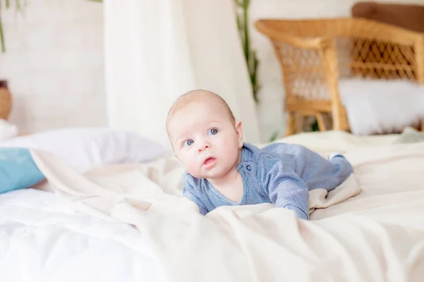 Kleine Schattige Peuter Ligt Thuis Het Bed Gelukkige Kindertijd — Stockfoto