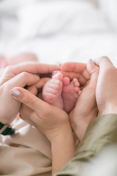 Las Manos Mamá Papá Sostienen Pequeñas Piernas Lindas Bebé Recién — Foto de Stock