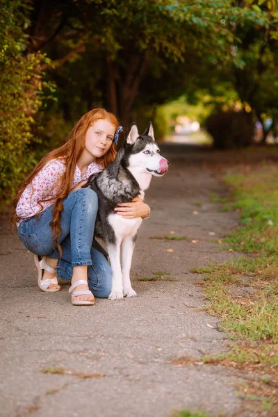 Linda Chica Adolescente Con Pelo Largo Rojo Pasea Con Perro —  Fotos de Stock